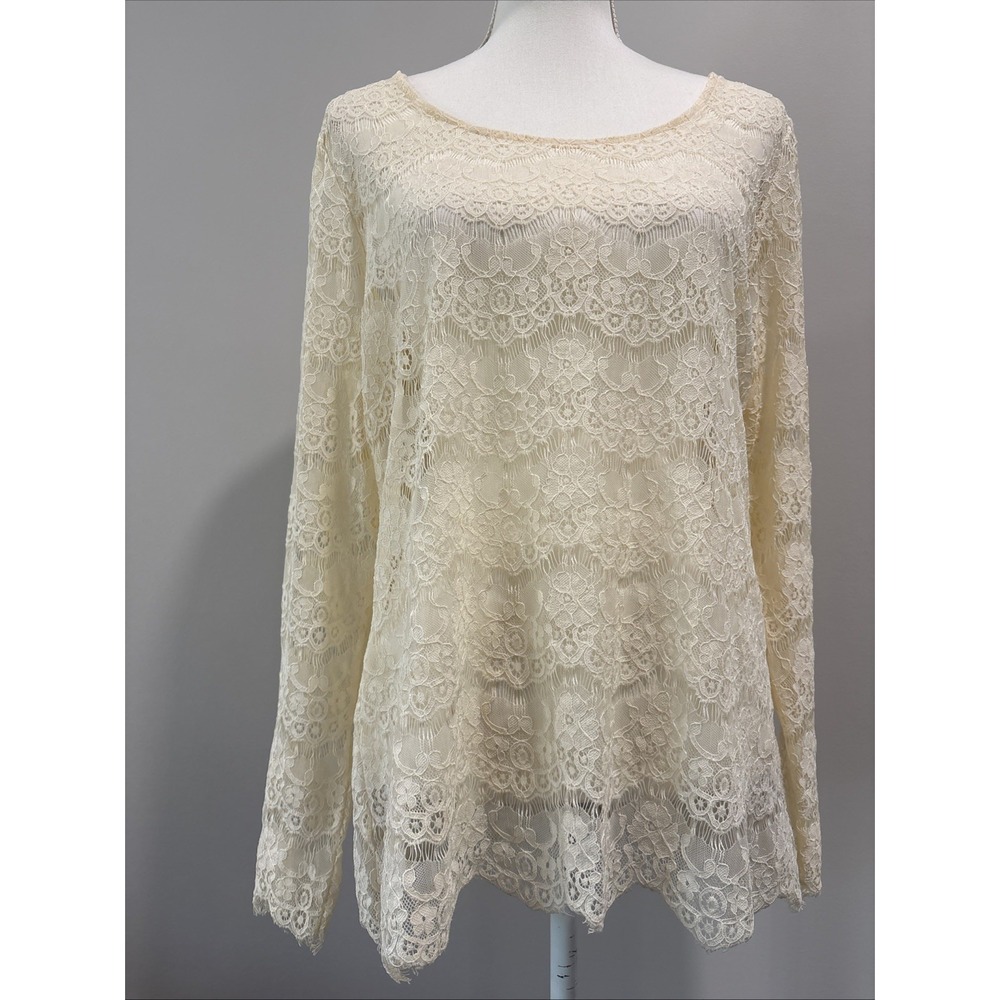 Maurices XL Cream Floral Lace Long Sleeve Blouse Lined Keyhole Back Ethereal